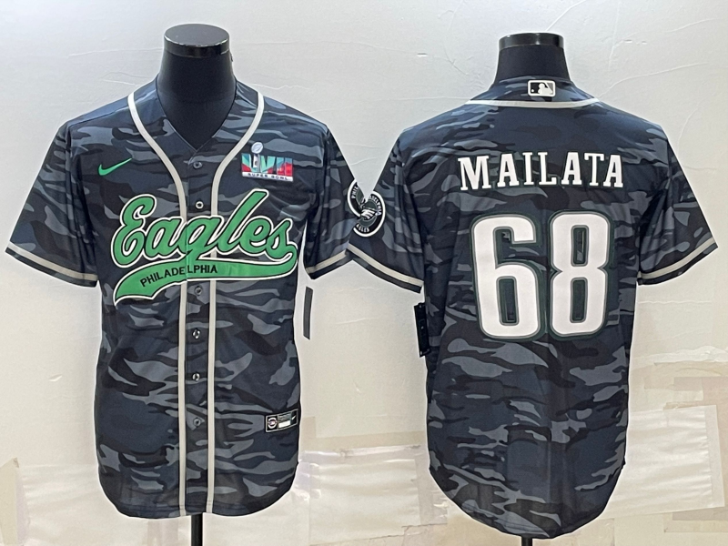 Men's Philadelphia Eagles #68 Jordan Mailata Grey Camo With Super Bowl LVII Patch Cool Base Stitched Baseball Jersey